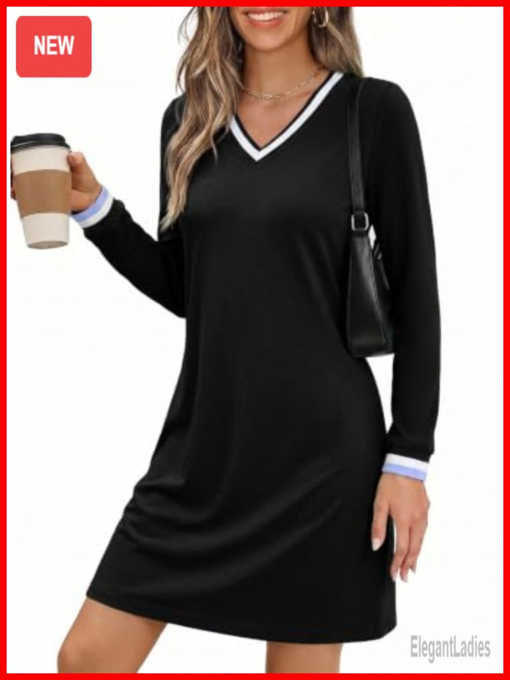 V Neck Long Sleeve Casual Tshirt Dress Contrast Striped Sweatshirt
